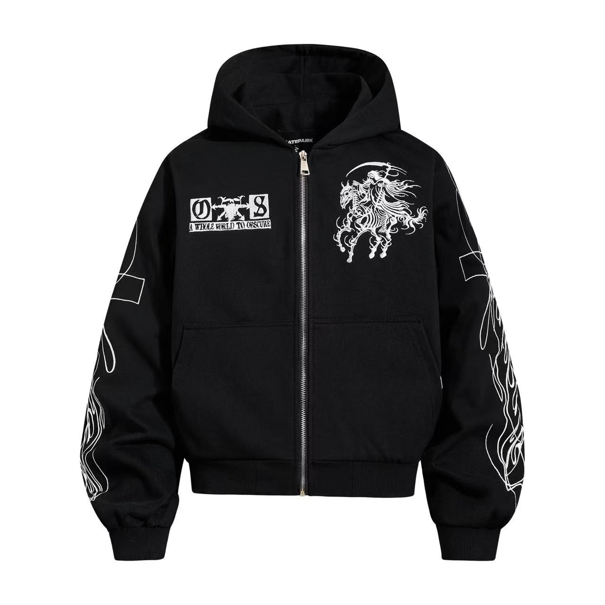 Cropped Skeleton Horseman Graphic Flame Print Sleeve Hooded Jacket