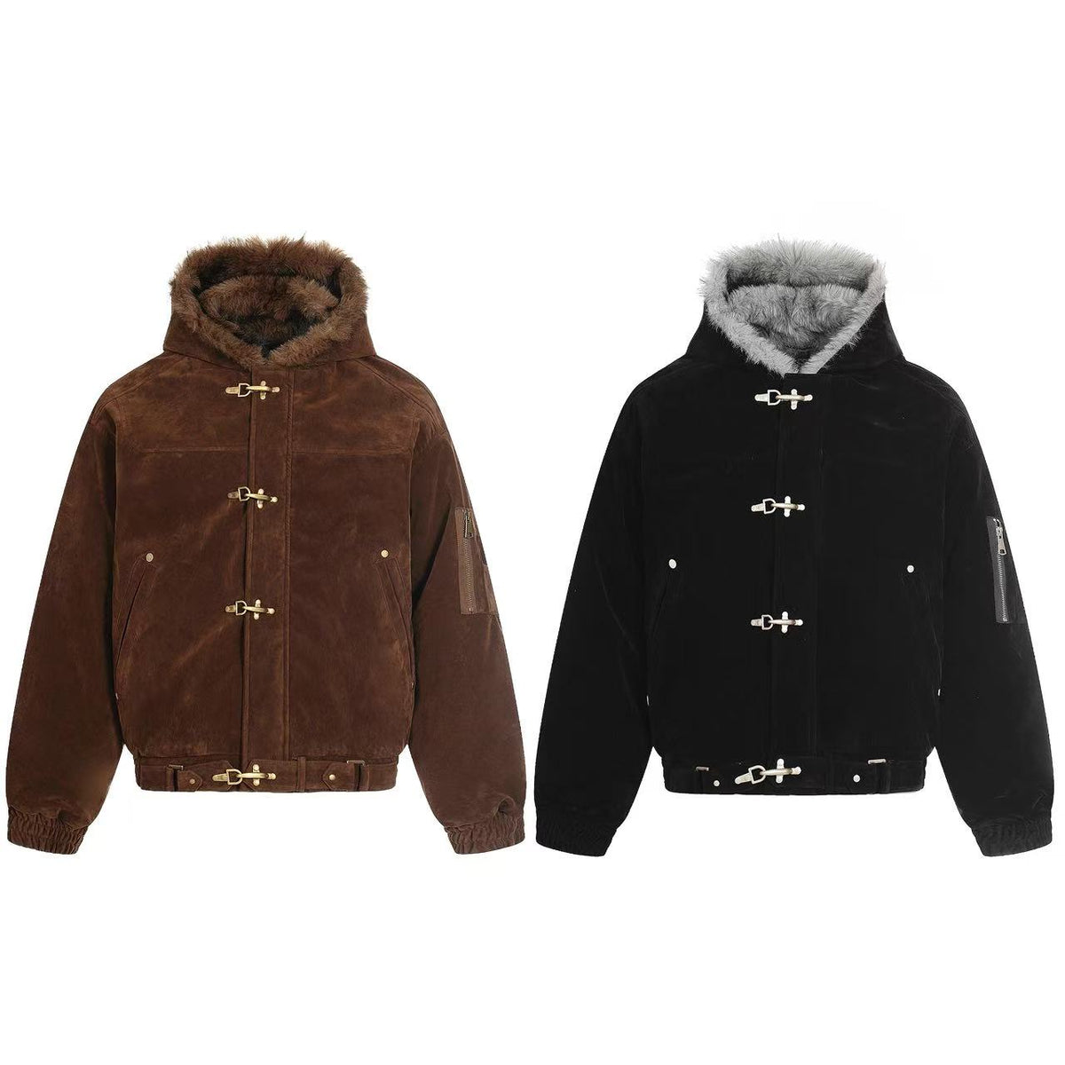 Vintage Metal Toggle Buckle Suede Fleece Lined Hooded Jacket