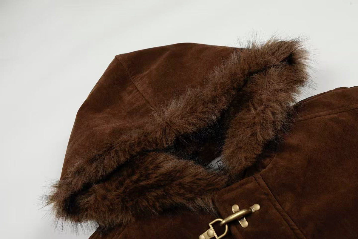 Vintage Metal Toggle Buckle Suede Fleece Lined Hooded Jacket