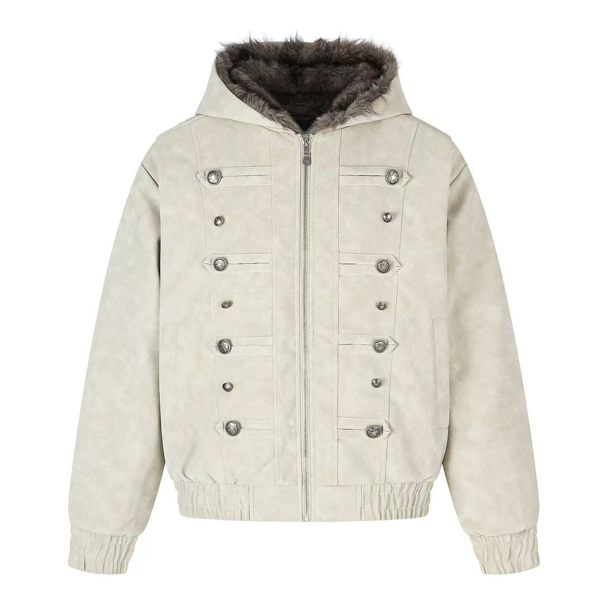 Vintage Suede Fur Lined Multi Button Decor Hooded Jacket