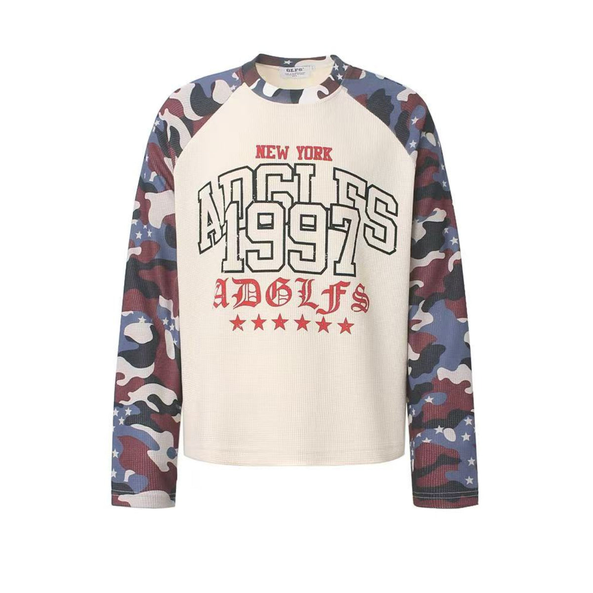 Vintage Camo Raglan Waffle Knit Letter Print Long Sleeve