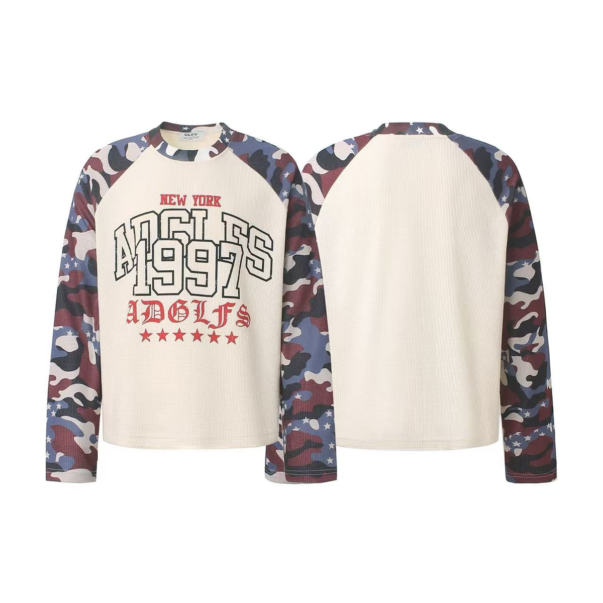 Vintage Camo Raglan Waffle Knit Letter Print Long Sleeve