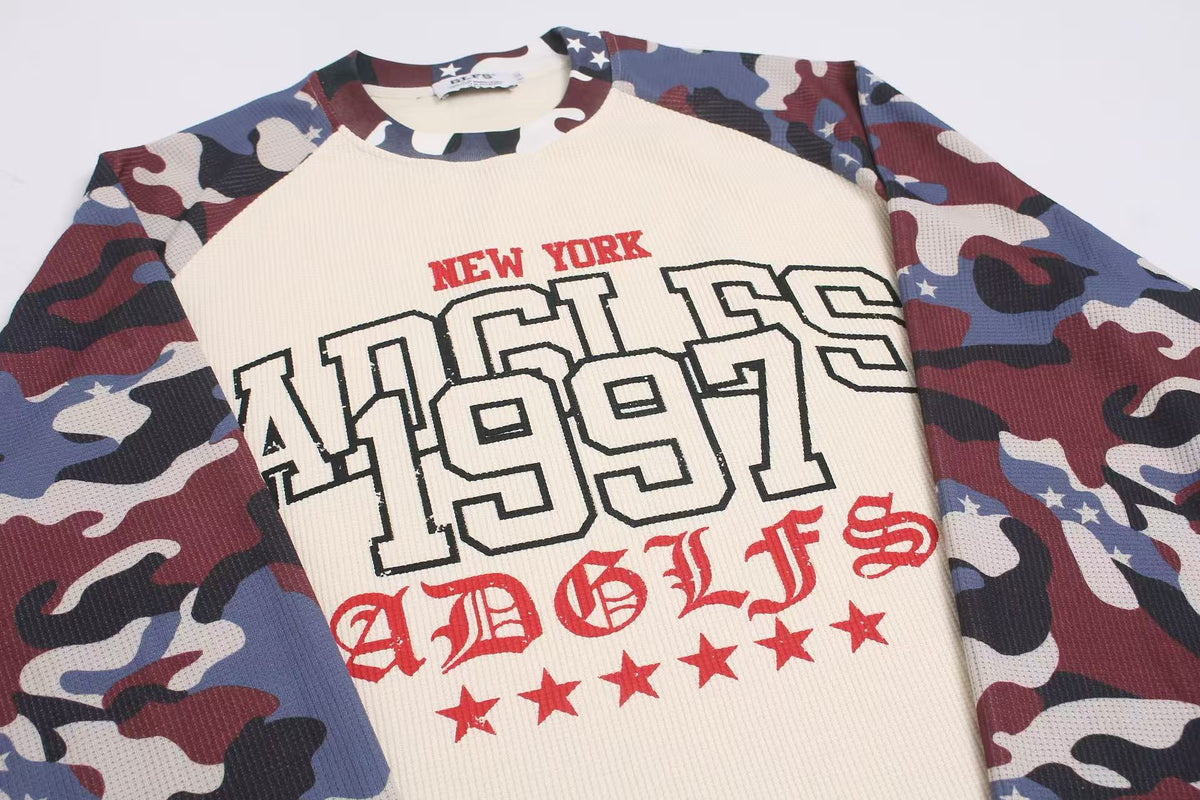 Vintage Camo Raglan Waffle Knit Letter Print Long Sleeve