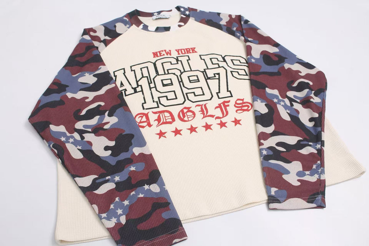 Vintage Camo Raglan Waffle Knit Letter Print Long Sleeve