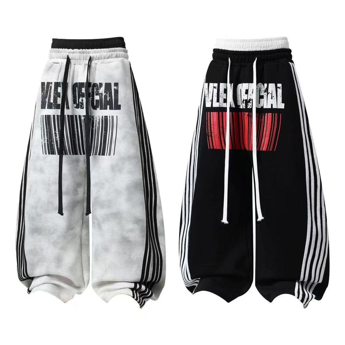 Unisex Washed Barcode Print Side Striped Wide Leg Sweatpants