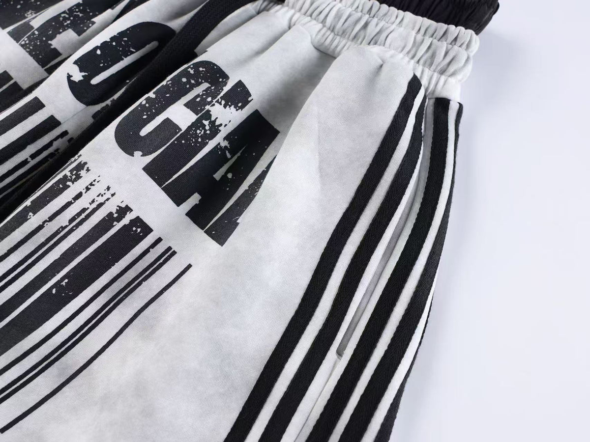 Unisex Washed Barcode Print Side Striped Wide Leg Sweatpants