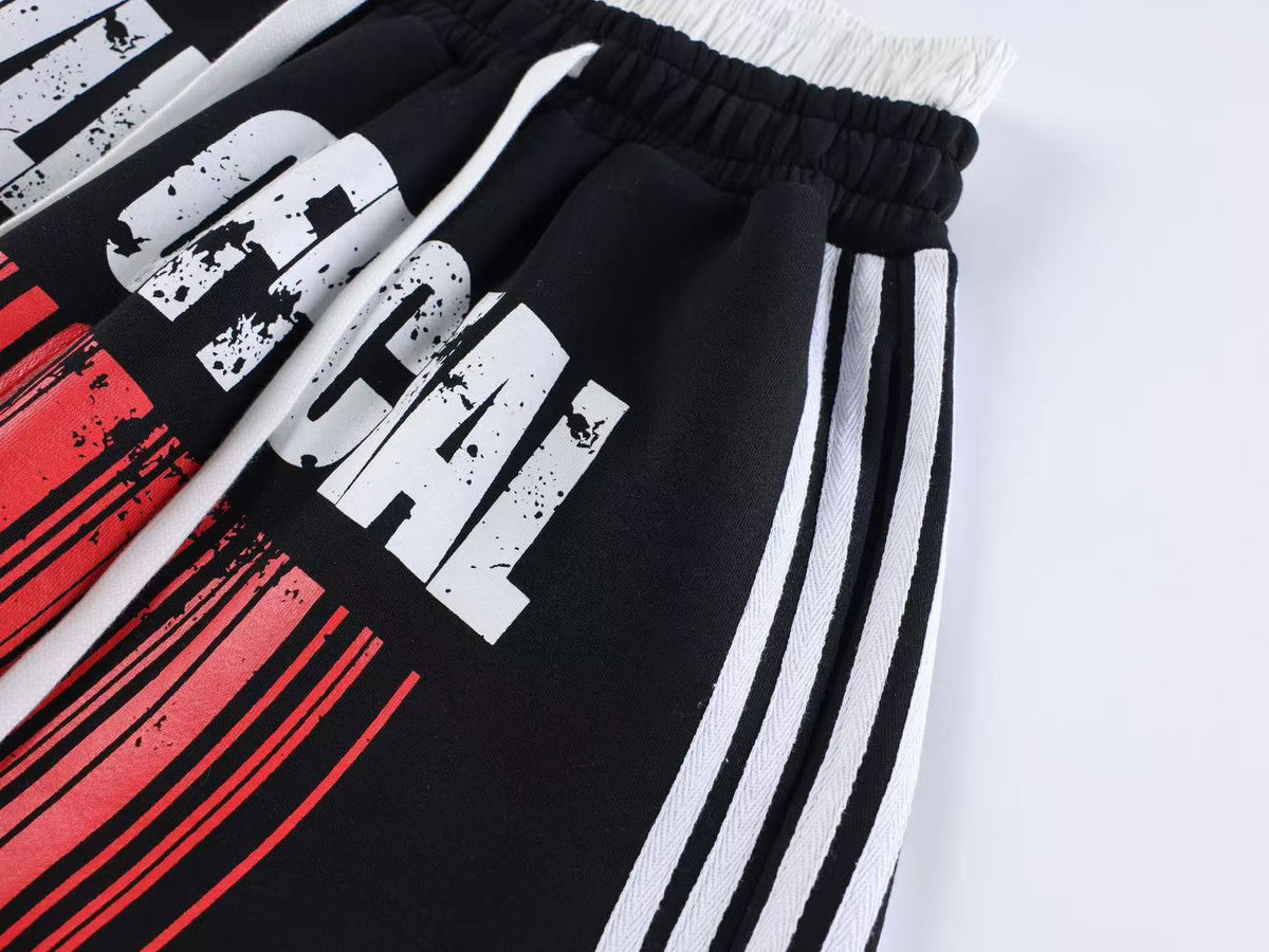 Unisex Washed Barcode Print Side Striped Wide Leg Sweatpants