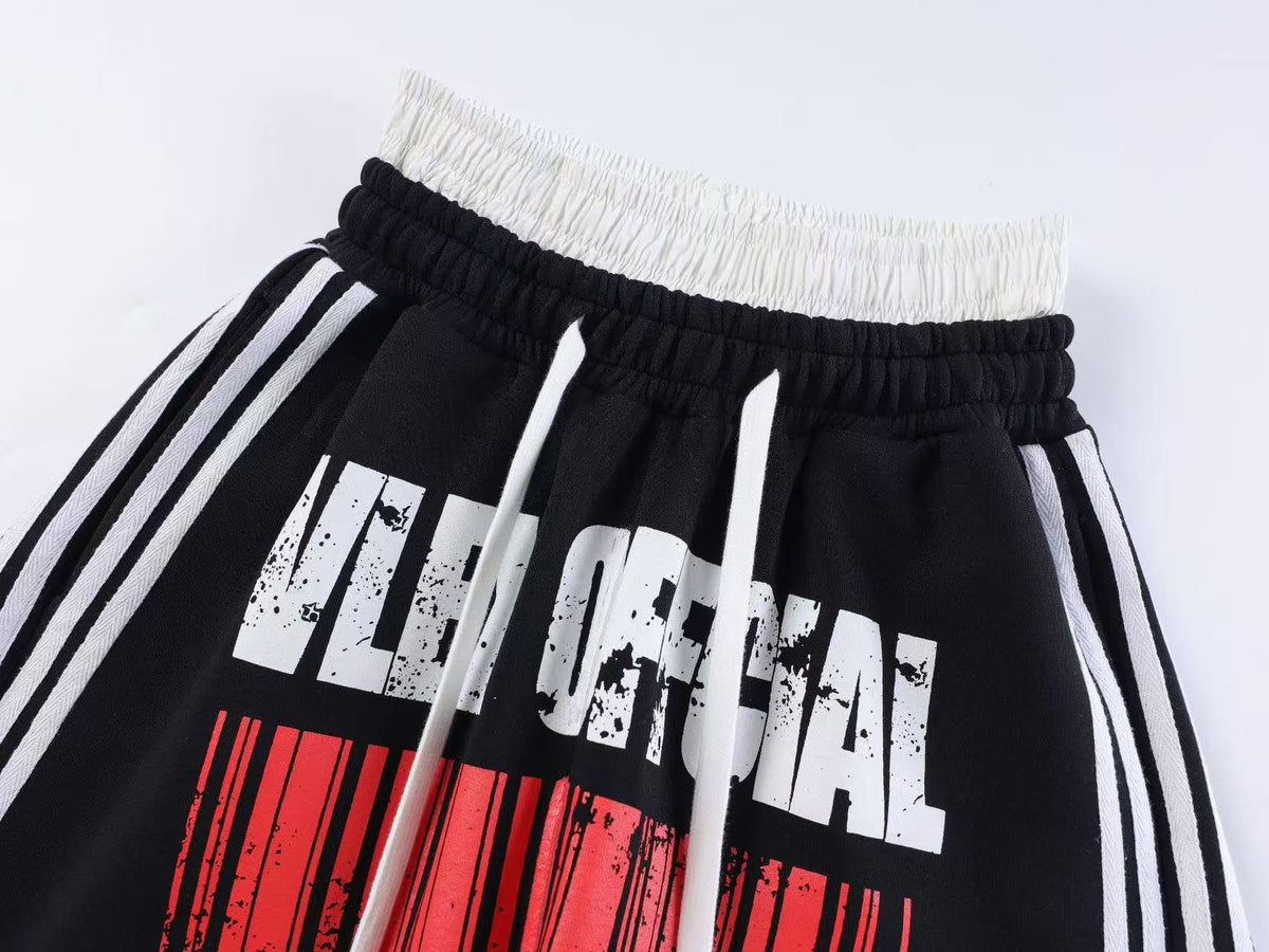 Unisex Washed Barcode Print Side Striped Wide Leg Sweatpants