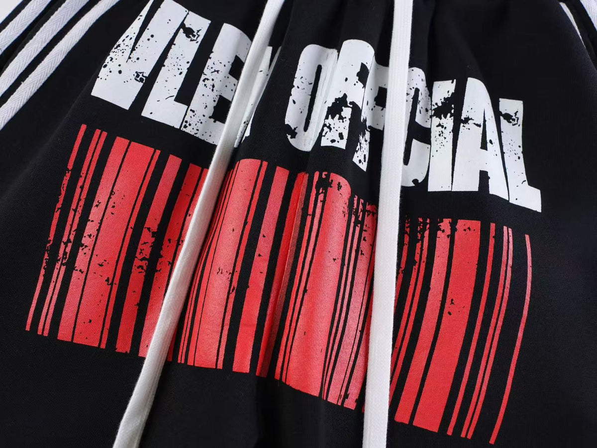 Unisex Washed Barcode Print Side Striped Wide Leg Sweatpants
