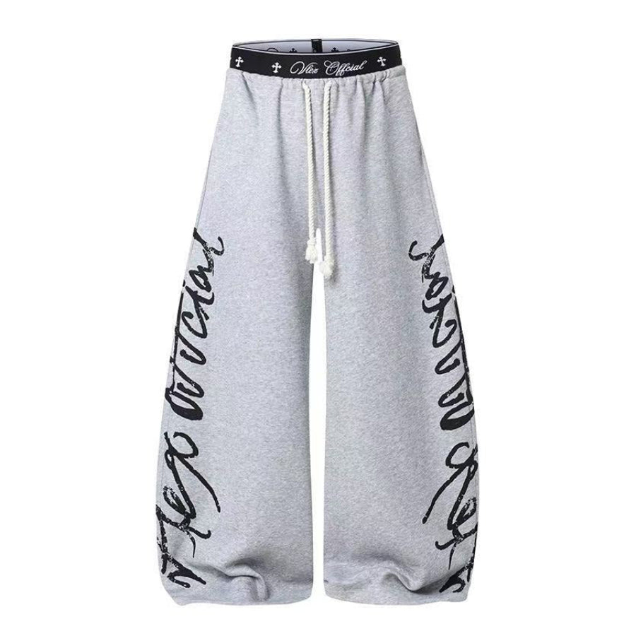 Unisex Side Script Letter Print Wide Leg Sweatpants
