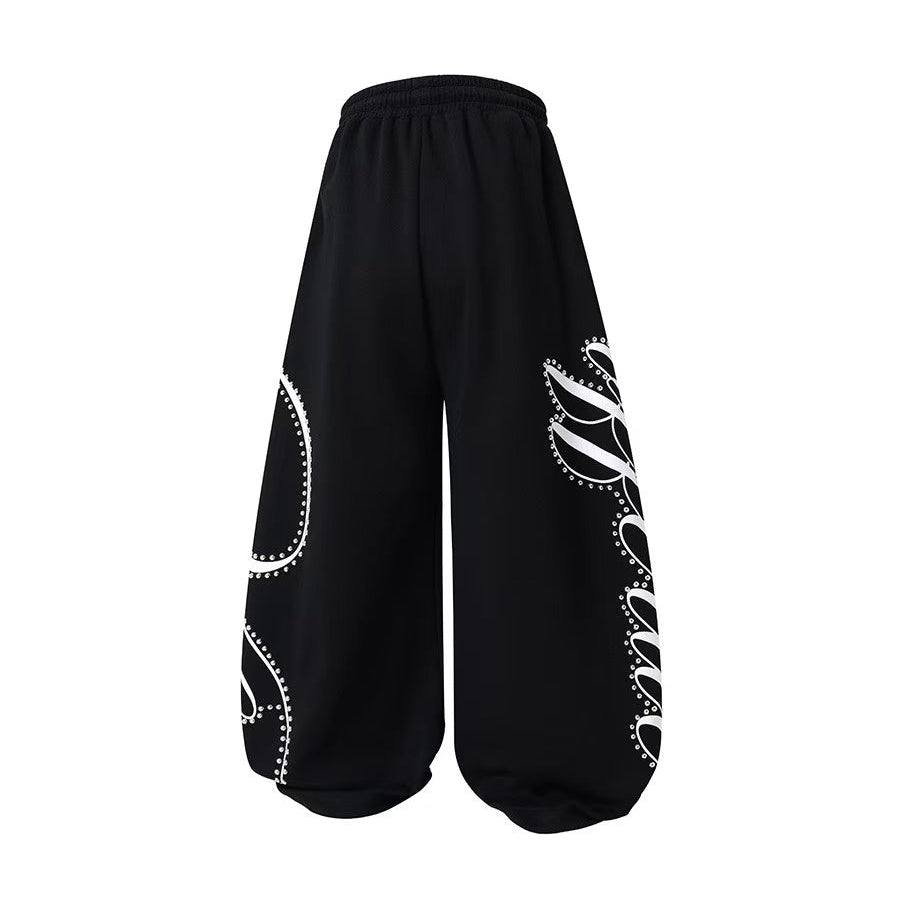 Unisex Rhinestone Script Graphic Wide Leg Sweatpants