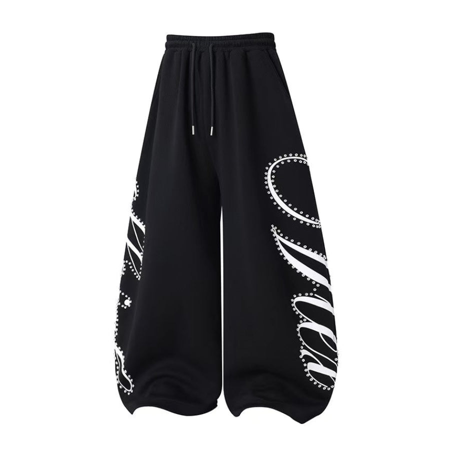 Unisex Rhinestone Script Graphic Wide Leg Sweatpants