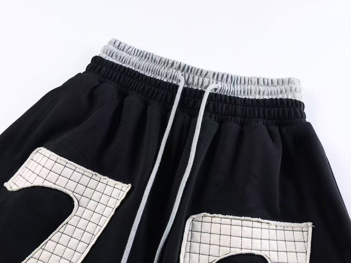 Double Waist Grid Number 7 Patch Wide Leg Sweatpants