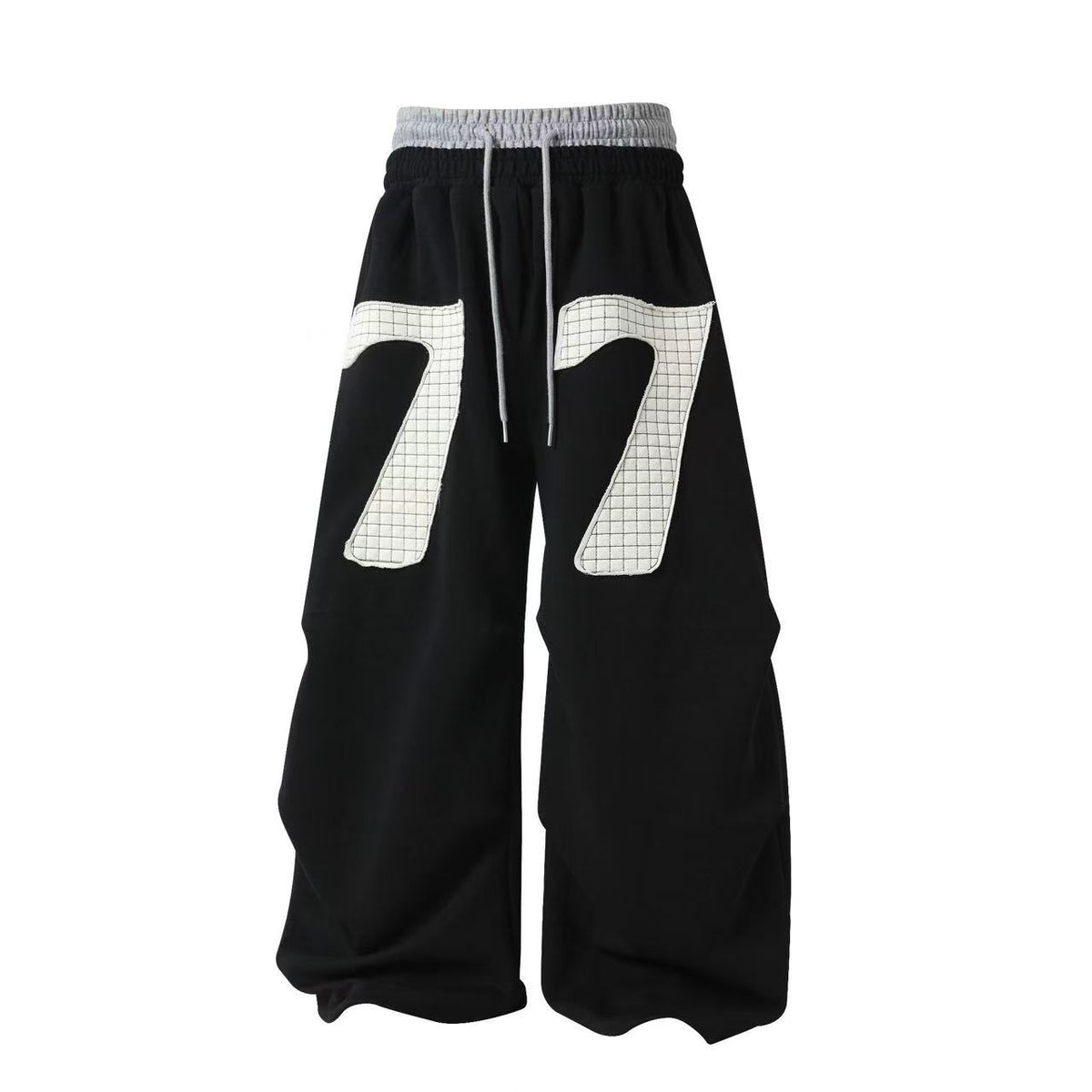 Double Waist Grid Number 7 Patch Wide Leg Sweatpants