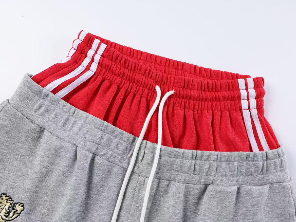 Double Waist Crest Embroidery Side Script Print Wide Leg Sweatpants