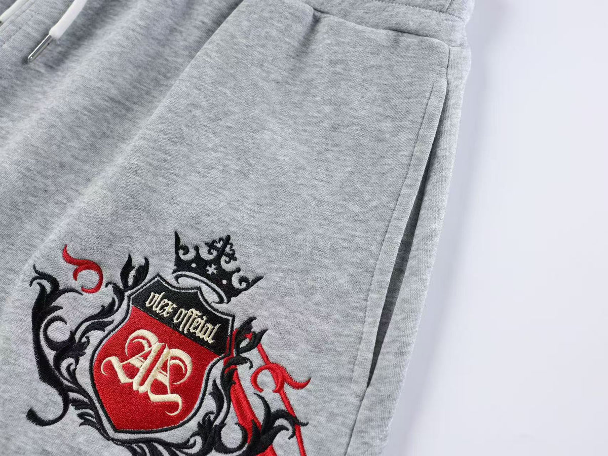 Double Waist Crest Embroidery Side Script Print Wide Leg Sweatpants