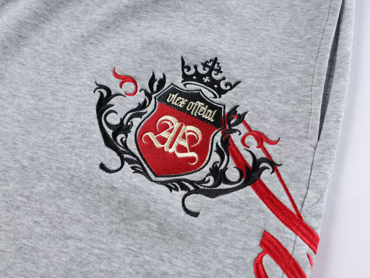 Double Waist Crest Embroidery Side Script Print Wide Leg Sweatpants