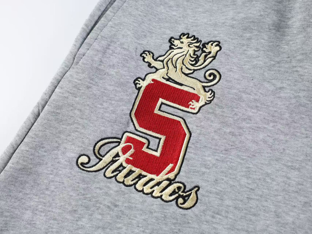Double Waist Crest Embroidery Side Script Print Wide Leg Sweatpants
