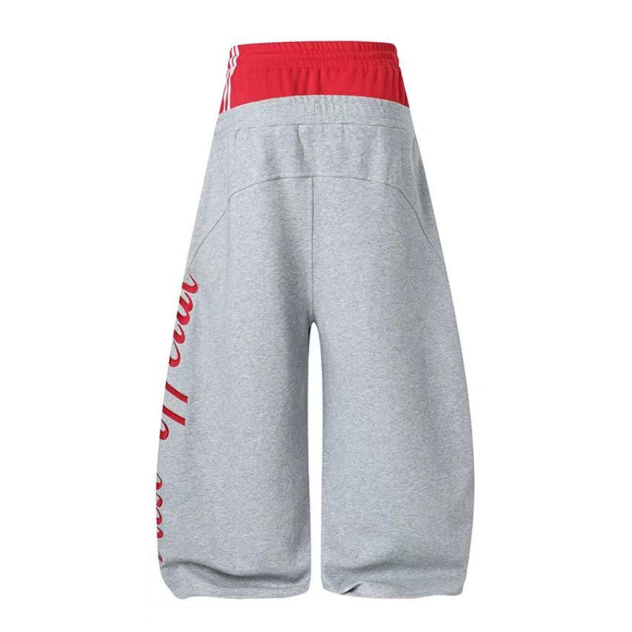 Double Waist Crest Embroidery Side Script Print Wide Leg Sweatpants