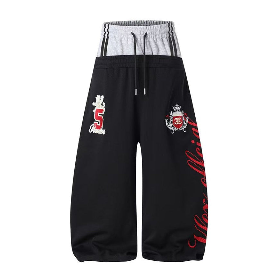 Double Waist Crest Embroidery Side Script Print Wide Leg Sweatpants
