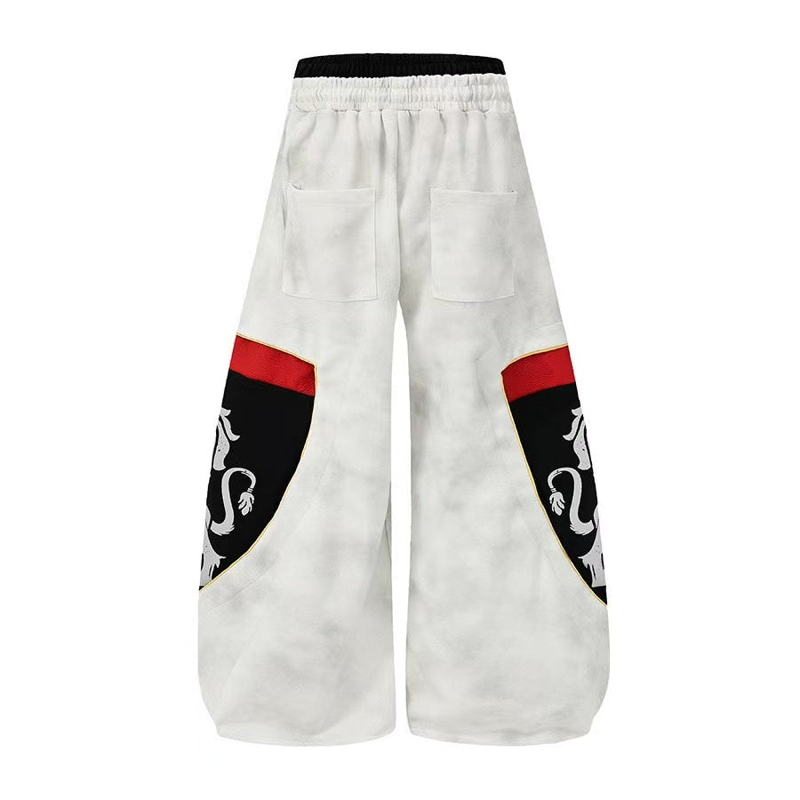 Unisex Washed Shield Lion Patch Graphic Wide Leg Sweatpants