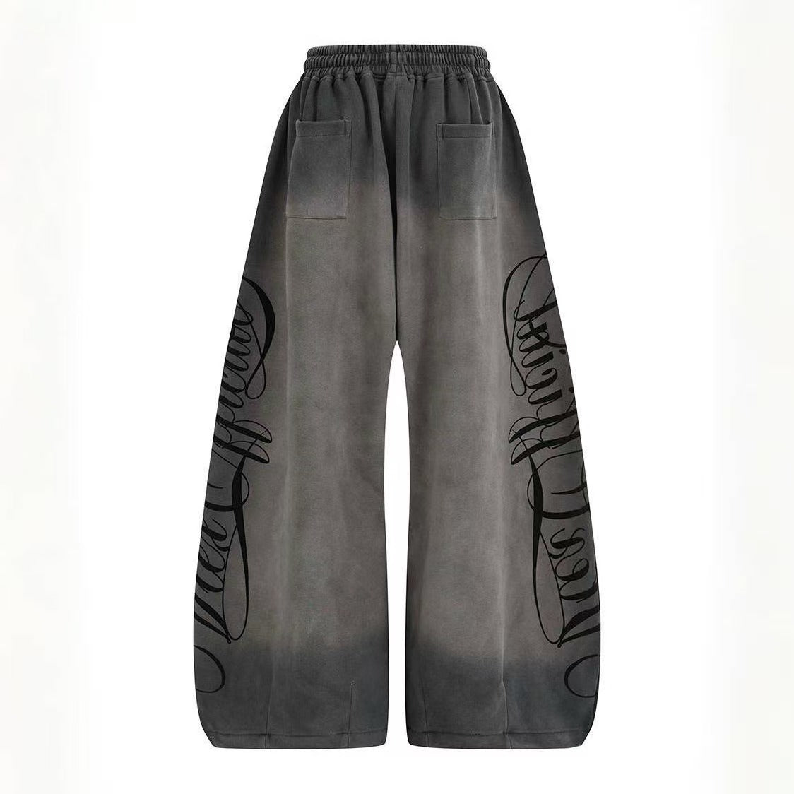 Gradient Washed Side Script Letter Print Wide Leg Sweatpants