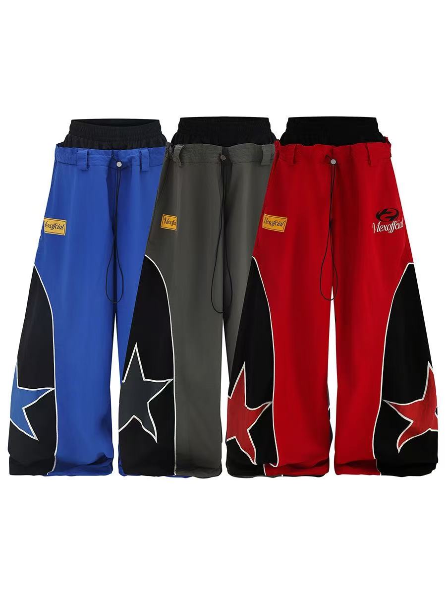 Unisex Color Block Star Patchwork Double Waist Wide Leg Sweatpants