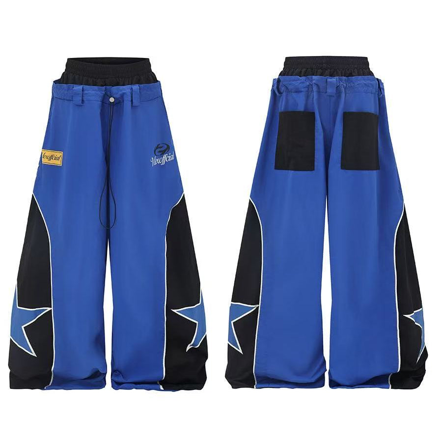 Unisex Color Block Star Patchwork Double Waist Wide Leg Sweatpants