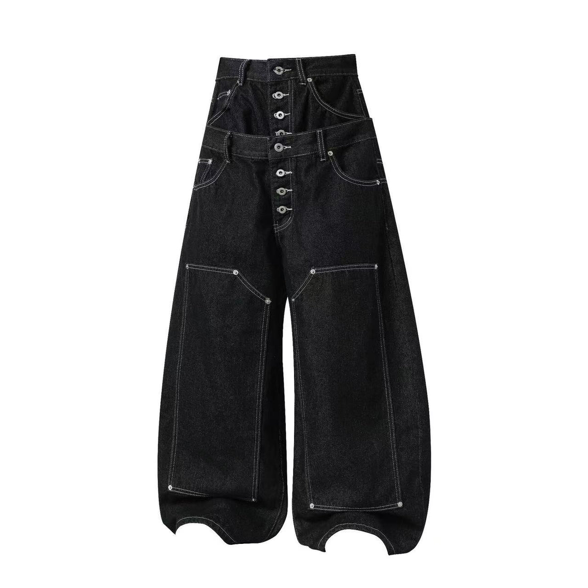 Unisex Double Waist Contrast Stitch Baggy Wide Leg Jeans