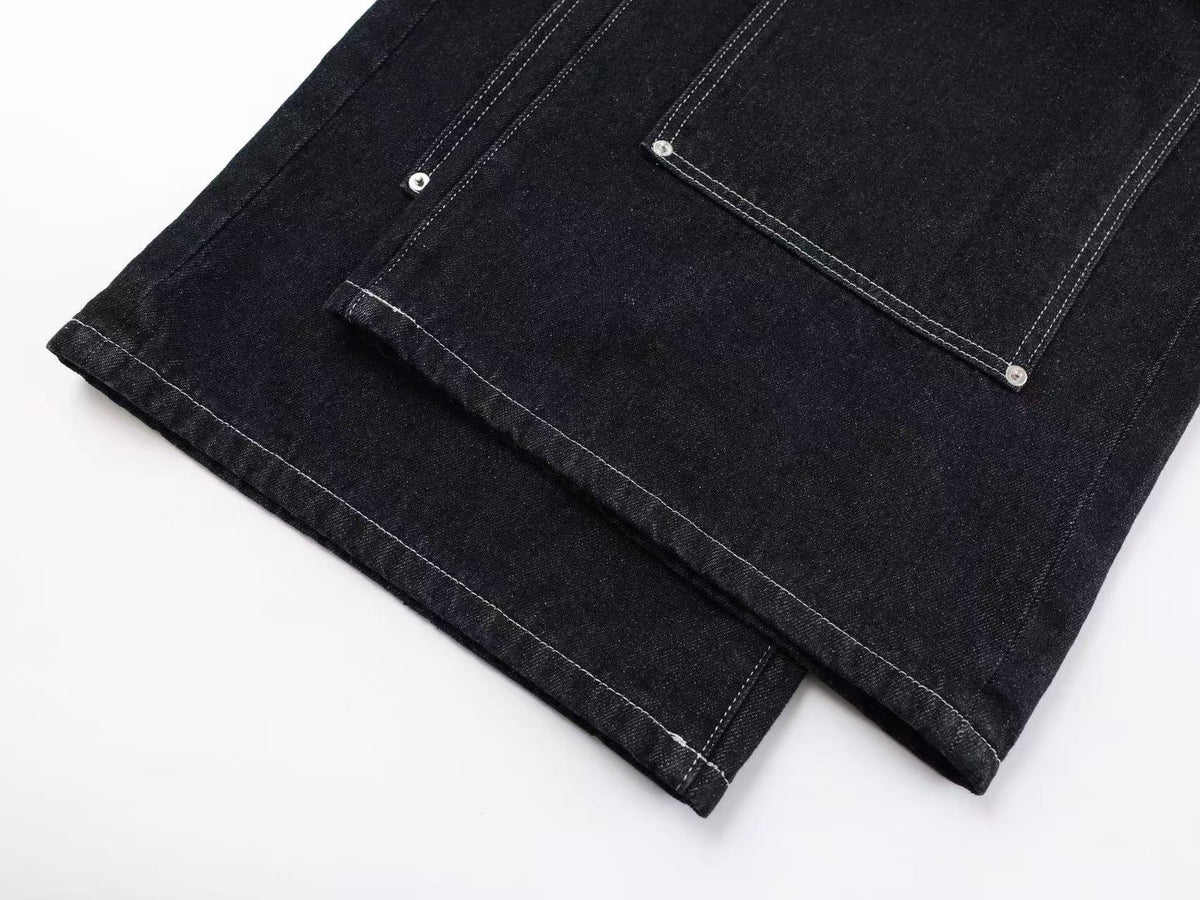 Unisex Double Waist Contrast Stitch Baggy Wide Leg Jeans