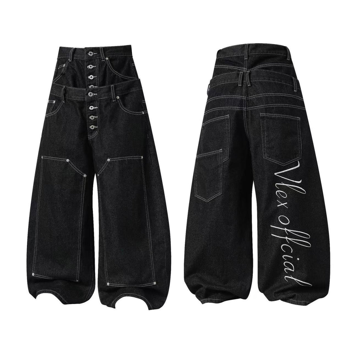 Unisex Double Waist Contrast Stitch Baggy Wide Leg Jeans
