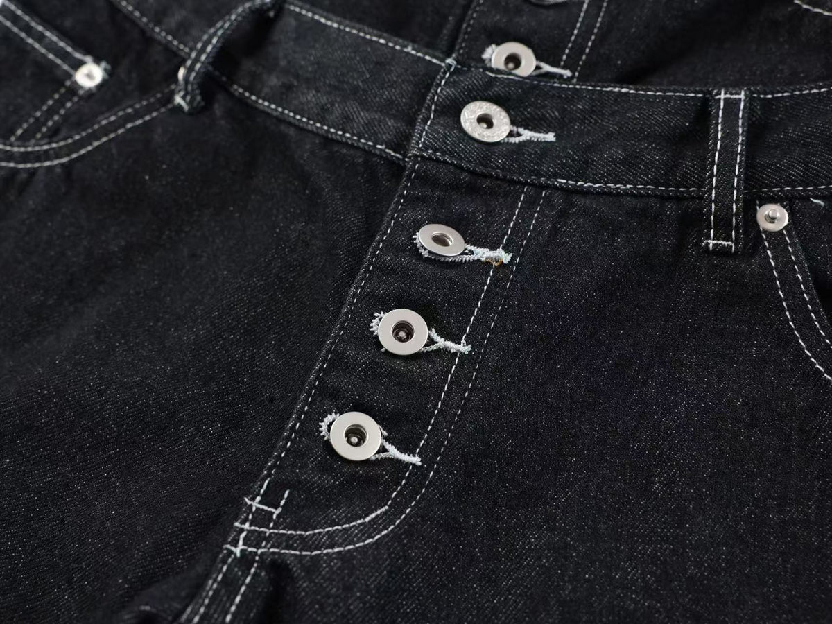 Unisex Double Waist Contrast Stitch Baggy Wide Leg Jeans