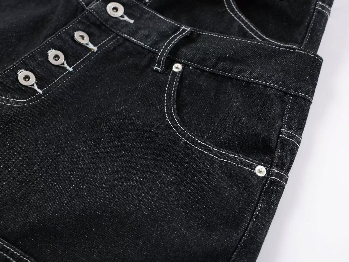 Unisex Double Waist Contrast Stitch Baggy Wide Leg Jeans