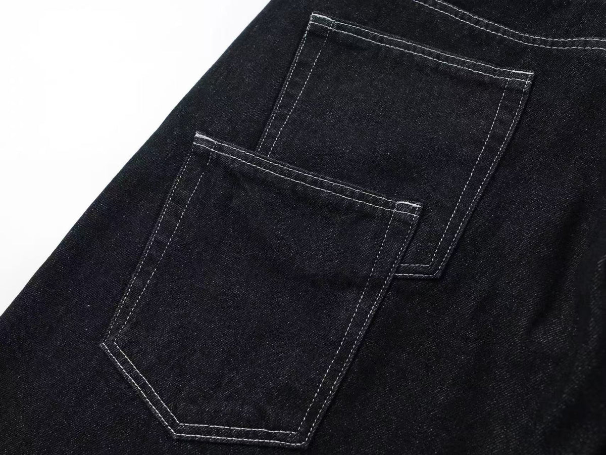 Unisex Double Waist Contrast Stitch Baggy Wide Leg Jeans