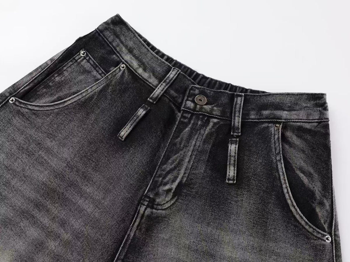 Vintage Distressed Ripped Curved Seam Baggy Wide Leg Jeans