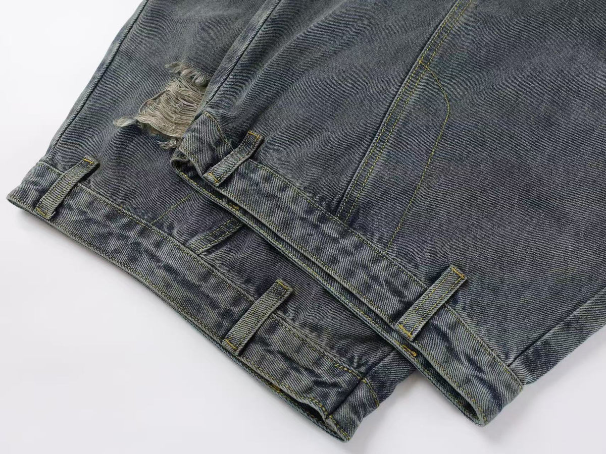 Vintage Distressed Ripped Curved Seam Baggy Wide Leg Jeans