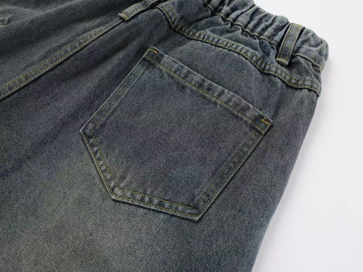 Vintage Distressed Ripped Curved Seam Baggy Wide Leg Jeans