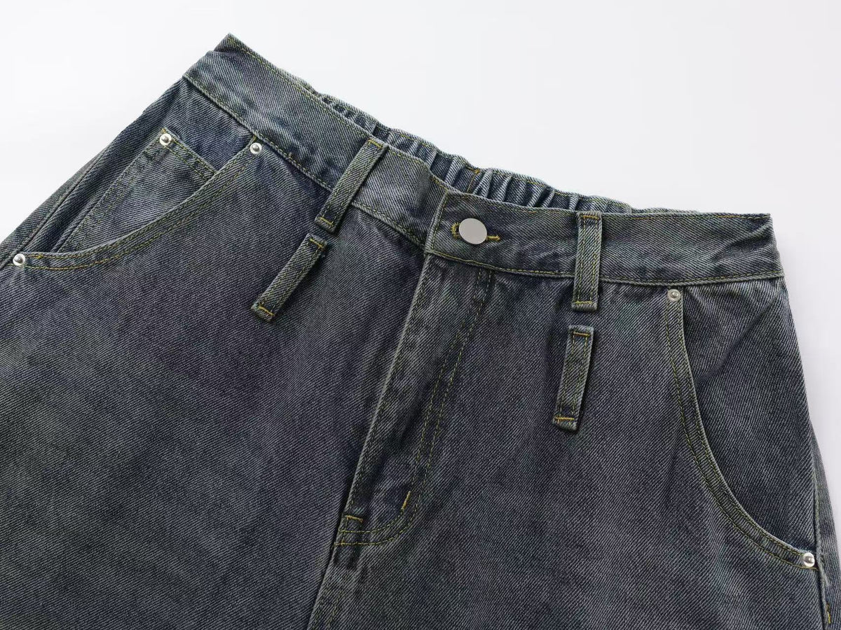 Vintage Distressed Ripped Curved Seam Baggy Wide Leg Jeans