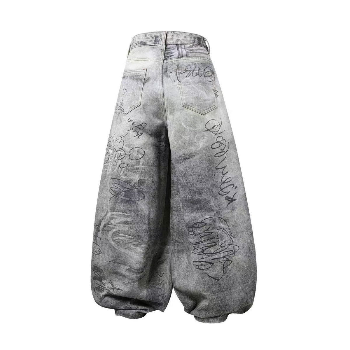 Vintage Washed Graffiti Scribble Print Baggy Wide Leg Jeans