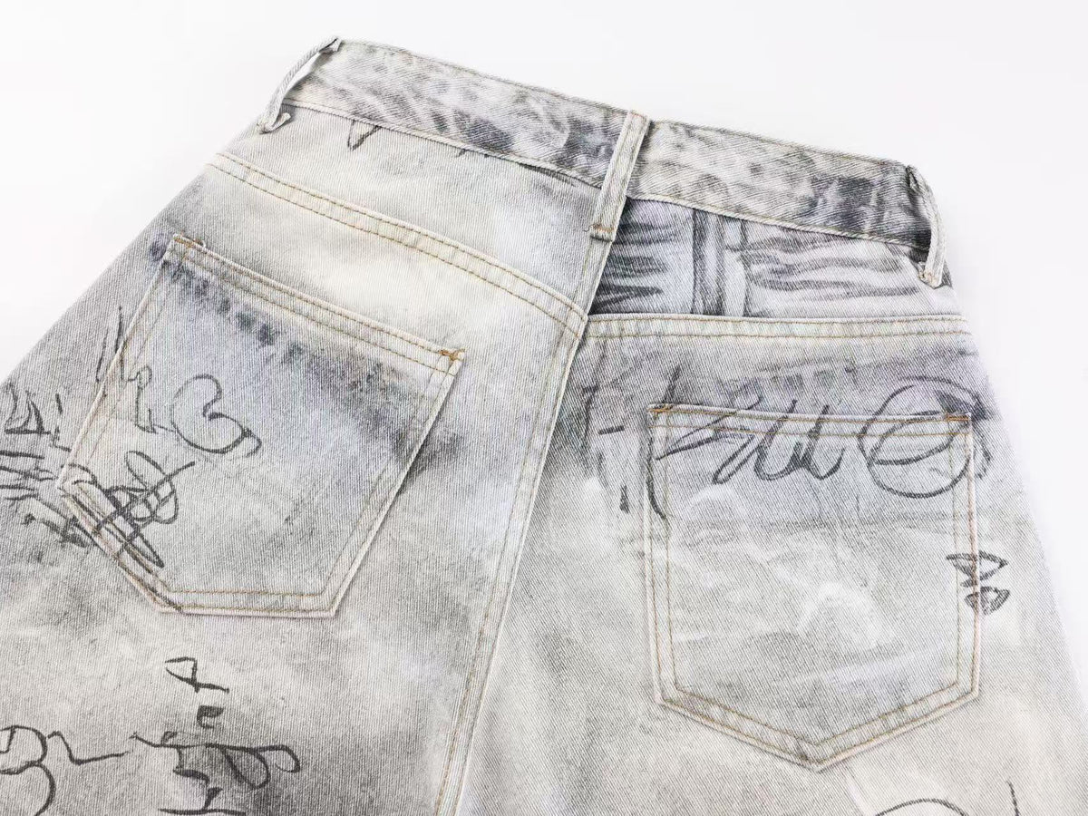 Vintage Washed Graffiti Scribble Print Baggy Wide Leg Jeans