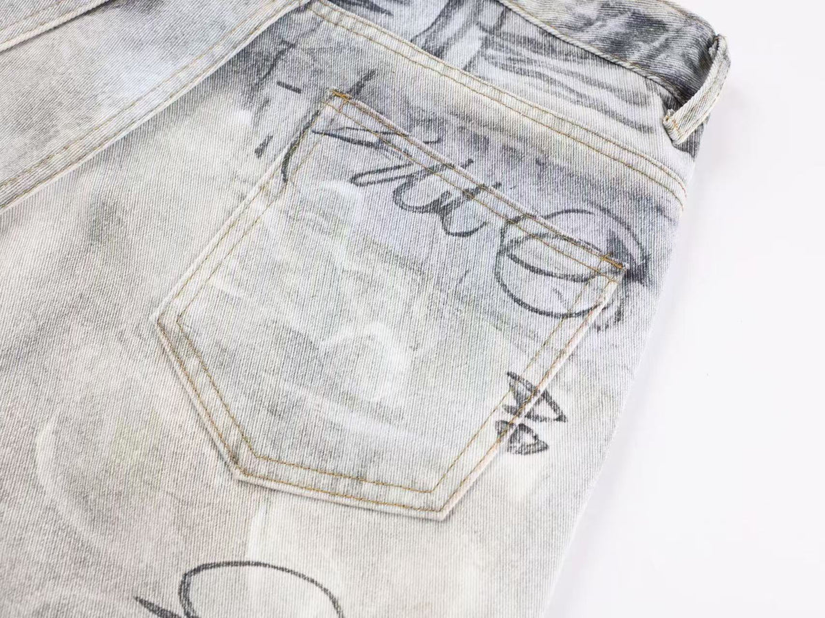 Vintage Washed Graffiti Scribble Print Baggy Wide Leg Jeans