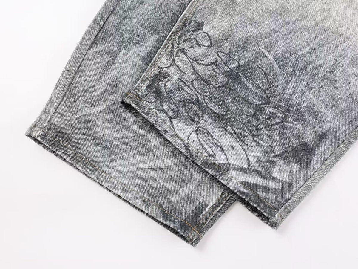 Vintage Washed Graffiti Scribble Print Baggy Wide Leg Jeans
