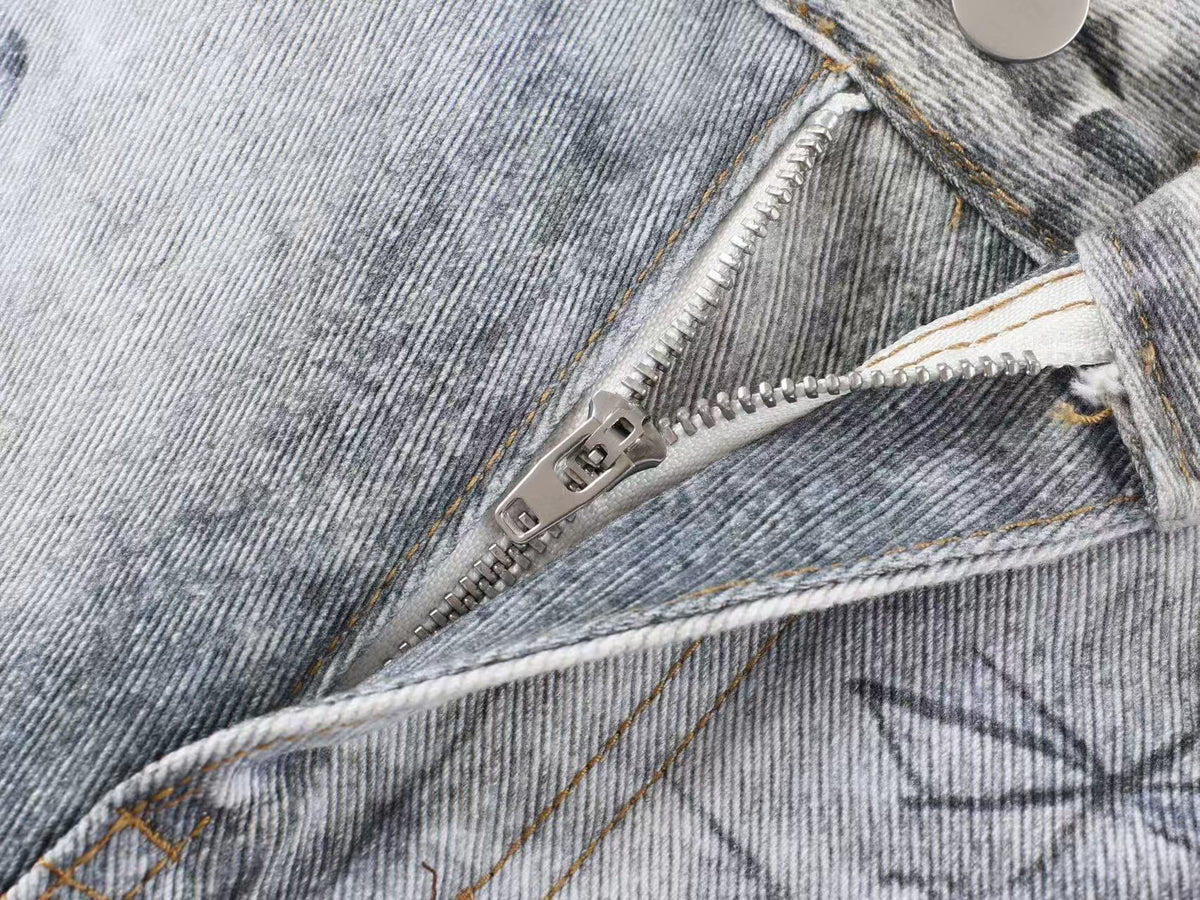 Vintage Washed Graffiti Scribble Print Baggy Wide Leg Jeans