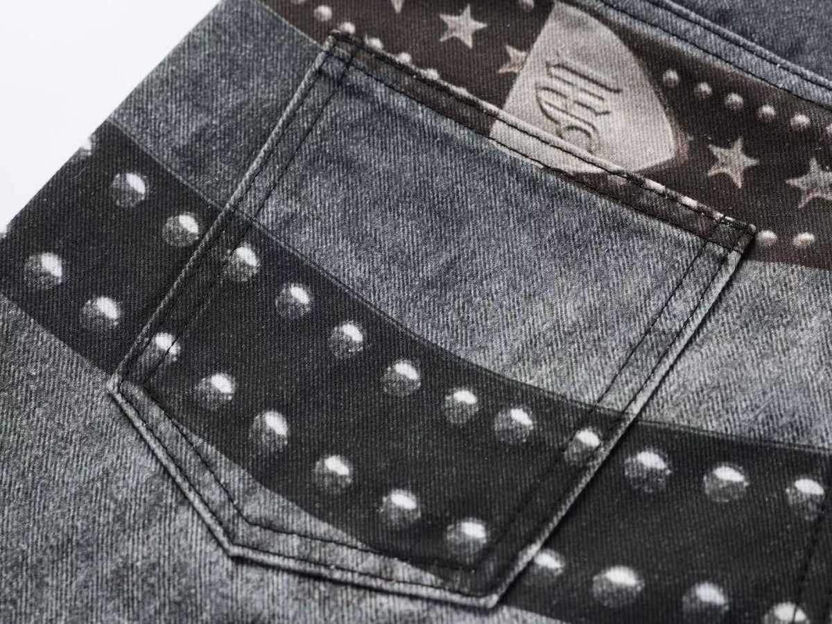 Vintage Leopard Print Studded Belt Baggy Wide Leg Jeans