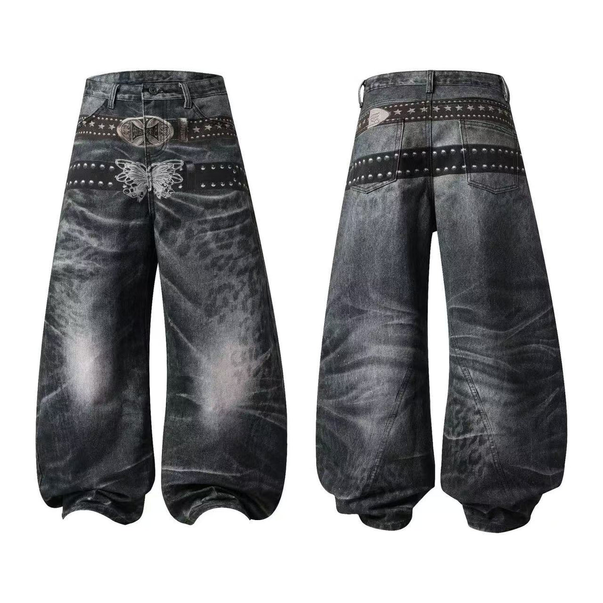 Vintage Leopard Print Studded Belt Baggy Wide Leg Jeans