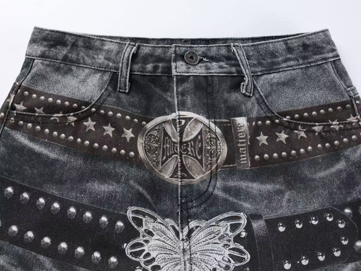 Vintage Leopard Print Studded Belt Baggy Wide Leg Jeans