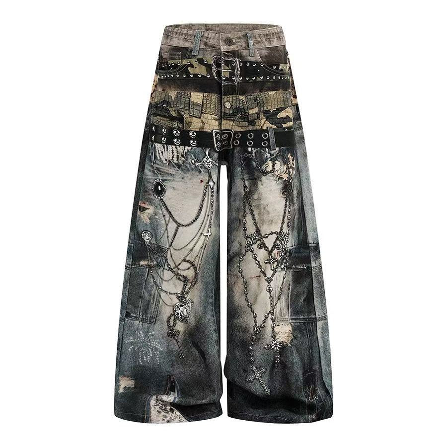 Unisex Patchwork Distressed Chain Graphic Baggy Wide Leg Jeans
