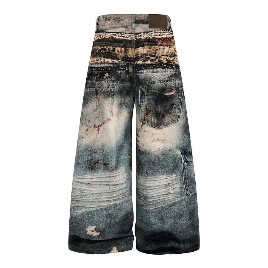 Unisex Patchwork Distressed Chain Graphic Baggy Wide Leg Jeans