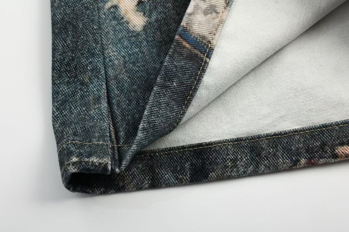 Unisex Patchwork Distressed Chain Graphic Baggy Wide Leg Jeans
