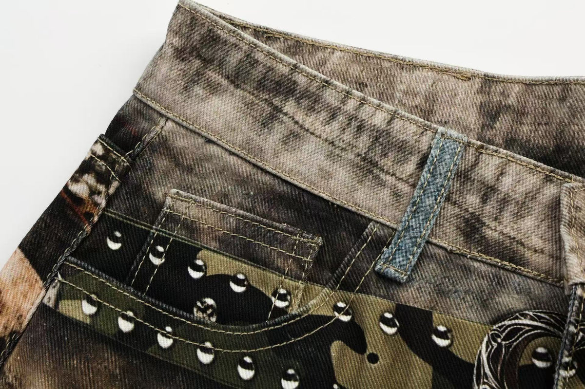 Unisex Patchwork Distressed Chain Graphic Baggy Wide Leg Jeans